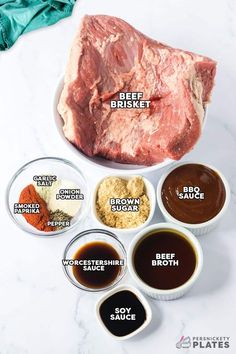 the ingredients for beef brisket are shown in small bowls