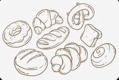 different types of breads and pastries are shown in this hand - drawn illustration