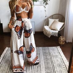 Women's Outfits Boho Beach Style Print Underwear Loose Wide Leg Pants – Qararli