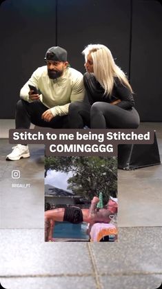 two people sitting on top of a bench next to each other with the caption stitch to me being stitched commingogg