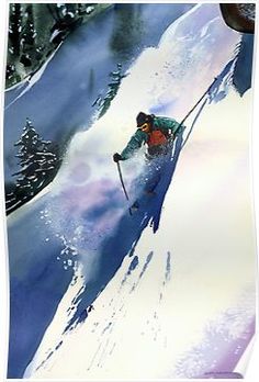 a man riding skis down the side of a snow covered slope