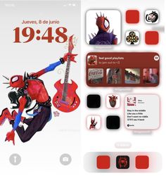 the spider man is playing guitar on his cell phone, with other stickers around him