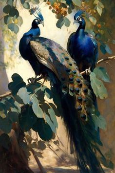 two peacocks sitting on top of a tree branch