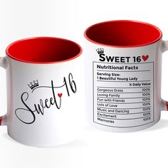 two red and white coffee mugs with the words sweet 16 printed on each one