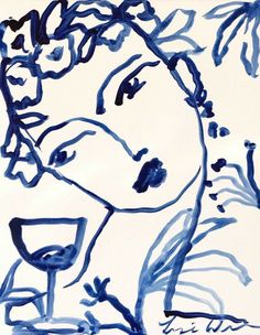 a blue and white drawing of a woman's face