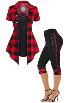 Capri Pants Outfits, Legging Court, Legging Outfits, Leggings Set, Trendy Clothes For Women, Plaid Print, Capri Leggings, Fancy Dresses, Outfits With Leggings