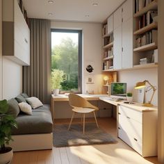 a living room filled with lots of furniture and bookshelves next to a window