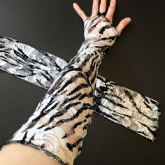 Bundle & Save On Shipping! Lace Gloves With Finger Loops Black White Striped Floral Full Length Arm Warmers Handmade By Me In The Usa! Gorgeous And Stretchy Floral Lace Gloves With Finger Loops. *Please Note That The Flower Print Will Be Slightly Different Than The Photos. Length: 18" From End To Point Width: 8" - Stretches To 10" Mixed Materials. Follow Trixy Xchange! Check My Other Listings For More Arm & Leg Warmers! Tags: Gift Women’s Present Cosplay Costume Wedding Halloween Cosplay Costume Lace Arm Warmers, Wedding Goth, Arm Accessories, Goth Outfit, Costume Gloves, Burning Man Festival, Funky Outfits, Lace Gloves, White Zebra