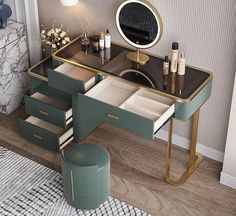 a dressing table with drawers and stools in a room next to a mirror on the wall