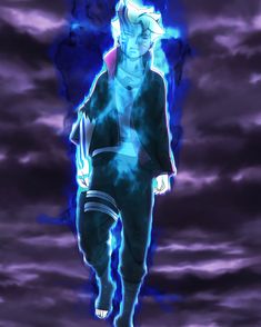 an anime character standing in front of a purple sky with clouds and lightning behind him