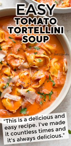 an easy tomato tortellini soup recipe in a white bowl with text overlay