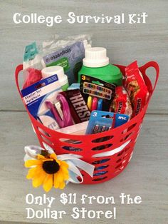 a red basket filled with school supplies and the words college survival kit only $ 11 from the dollar store