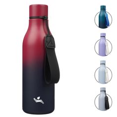 thermos bottle with strap is shown in different colors