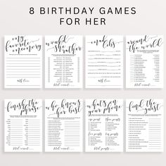 the 8 birthday games for her is shown in black and white, with calligraphy