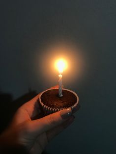 a hand holding a cupcake with a lit candle