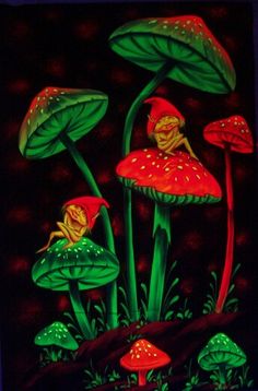 a painting of mushrooms with red caps and green leaves on the ground, in front of a dark background