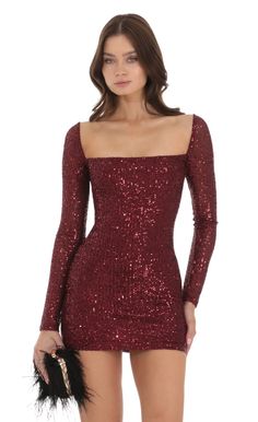 Sequin Long Sleeve Dress in Maroon | LUCY IN THE SKY Winter Semi Formal, Drag Dresses, Long Sleeve Sequin Dress, Slim Hips, Hip Skirt, Sequin Evening Dresses, Dress Slim, Winter Formal, Square Neck Dress