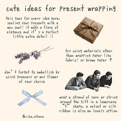 a poster with words and pictures about present wrappings on the front, two men sitting at a table next to each other