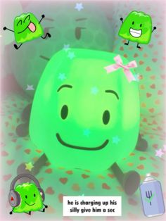 an animated image of a smiling green object