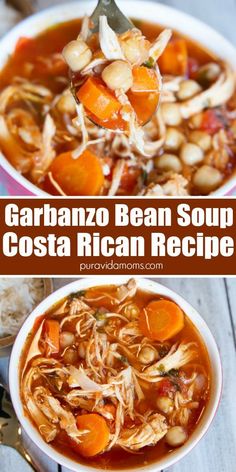 two pictures with the words garbanzo bean soup and costa rican recipe in it