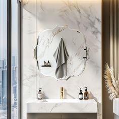 a bathroom with marble counter top and white sink under a large round mirror above it