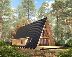 a - frame cabin in the woods surrounded by trees