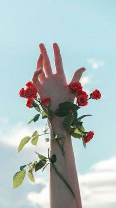 a person's hand reaching up into the air with roses on it and green leaves