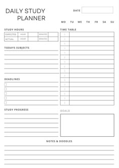 the daily study planner is shown in black and white