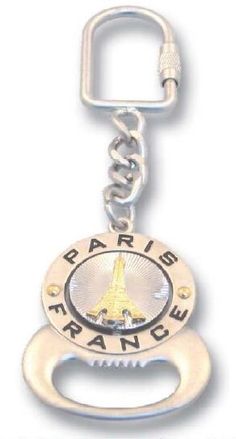 a metal key chain with the eiffel tower on it's front end