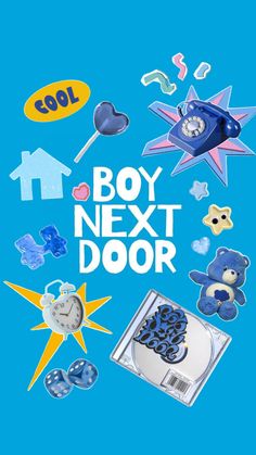 the boy next door poster is surrounded by buttons and magnets on a blue background