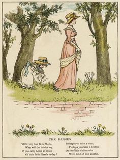 an illustration of a woman standing in the grass next to trees and another woman with a hat on her head