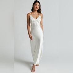 White Satin V Neck Midi Slip Dress New With Tags. Us Size 6/M Au Size 10. White Silk Maxi Dress, White Satin Formal Slip Dress, Formal White Satin Slip Dress, White Satin V-neck Maxi Dress, White V-neck Satin Maxi Dress, Chic White Satin Slip Dress, White Satin Slip Dress For Wedding Night, Elegant White V-neck Slip Dress, White V-neck Slip Dress For Wedding Night