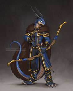 an animated character dressed in blue and gold with horns, holding a bow and arrow