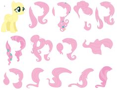 the pink pony is standing next to its tail and head shapes, all with different hair colors