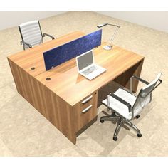 an office desk with a laptop computer on it and a chair in front of it