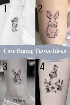 four different bunny tattoos on the legs and ankles, each with an image of a rabbit