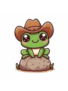 a cartoon frog wearing a cowboy hat sitting on top of a rock