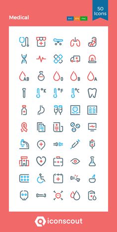 the medical icons are shown in different colors and sizes, including red, blue, green,