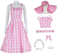 a pink and white gingham dress with accessories including a hat, collared neckline