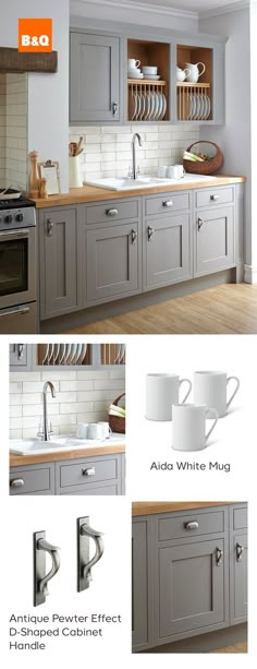 the kitchen cabinets are painted gray and have white mugs on them