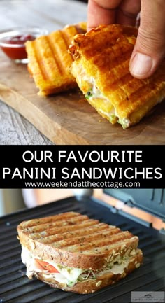 grilled panini sandwich being cooked on the grill with text overlay reading our favorite panini sandwiches