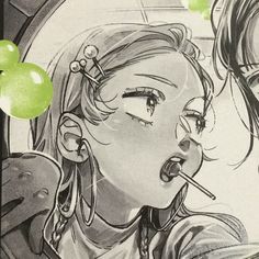 a drawing of two girls with green balloons in the background, one blowing on her nose