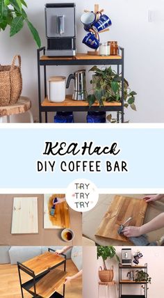 the diy coffee bar is made from wood and metal