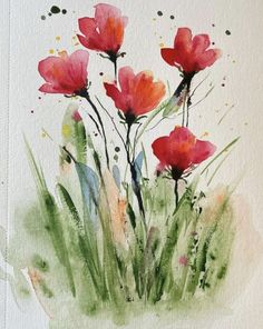 watercolor painting of red flowers on white paper with green grass and yellow dots in the background