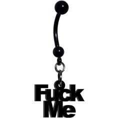 a black metal hook with the word f k me on it's end hanging from a chain