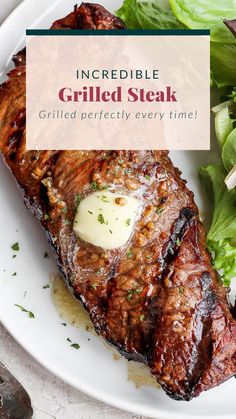 grilled steak on a plate with lettuce and dressing