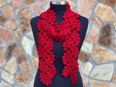 🔘 Red Crochet scarf, Red Long Scarf, Woman Scarf, Winter Scarf ATTENTION! 🔘 If you purchase any combination of 3 items, including scarves, crochet jewelry, turbans, gloves, or hats, you can select an additional item from my shop as a complimentary gift. The chosen item should not exceed the value of 16.99 USD. Please refrain from completing the purchase for the selected free item. Instead, send the link or photo of your chosen item as a message to me. If you opt not to choose a free item, we w Red Festive Shawl Scarves, Red Shawl Scarf For Winter, Red One-size Shawl As Gift, Handmade Red Scarf As A Gift, Handmade Red Scarves As Gift, Handmade Red Scarf For Gift, Red Shawl Scarf For Gift, Red Winter Scarves For Gifts, Red Winter Scarf Perfect For Gifts