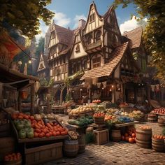 an old european village with lots of fruit and vegetables