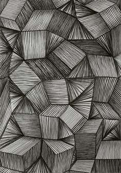 black and white drawing of many cubes in the shape of an abstract pattern on paper