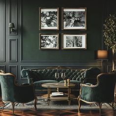 a living room filled with furniture and pictures on the wall